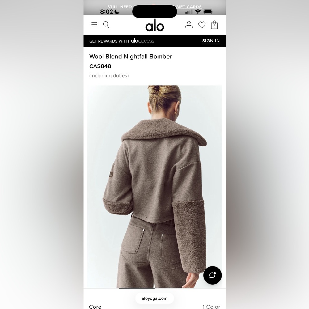 ALO Yoga Wool Blend Nightfall Bomber - Small - Picture 2 of 4